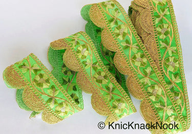 Green / Yellow / Orange And Gold Embroidered Fabric Trim With Floral Embroidery, Scallop Trim, Approx. 65mm Wide - 210119L174 / 75 / 76